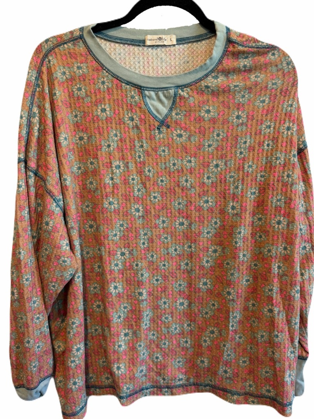 Natural Life Mix & Match Waffle Pajama Top Turquoise Floral print - Small